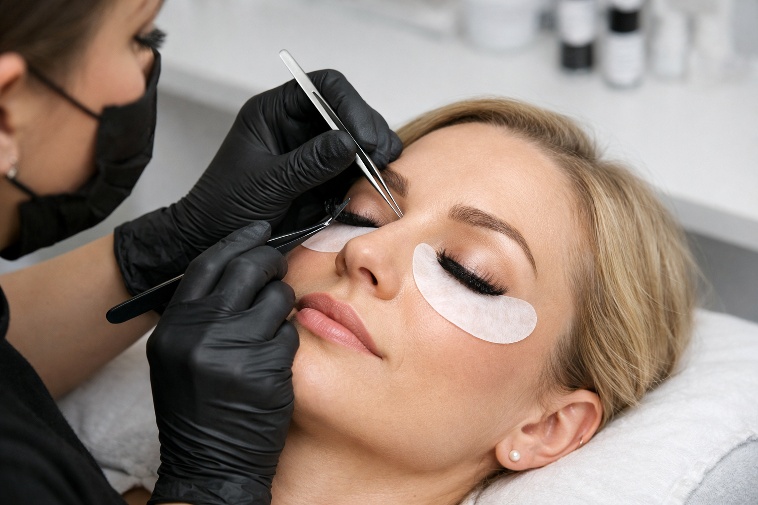 Person receiving eyelash extensions. Technician uses tweezers, wearing gloves and mask. White eye pads.