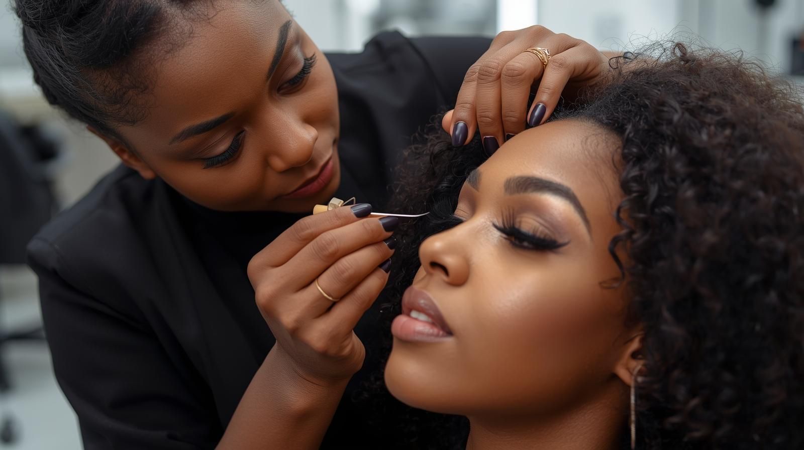Makeup artist applying mascara to a woman's eye in a brightly lit setting.