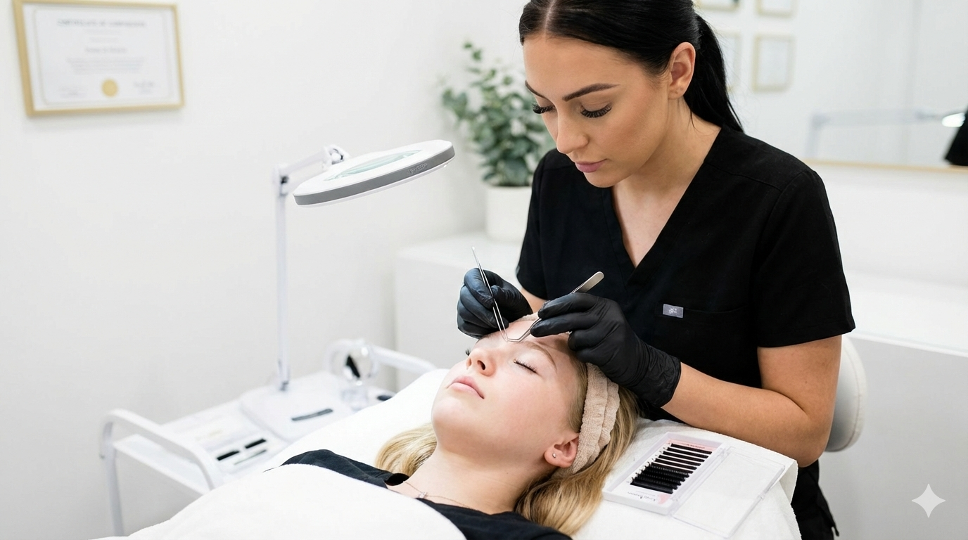 Beautician working on a client's eyebrow in a white salon. The client lies with eyes closed.