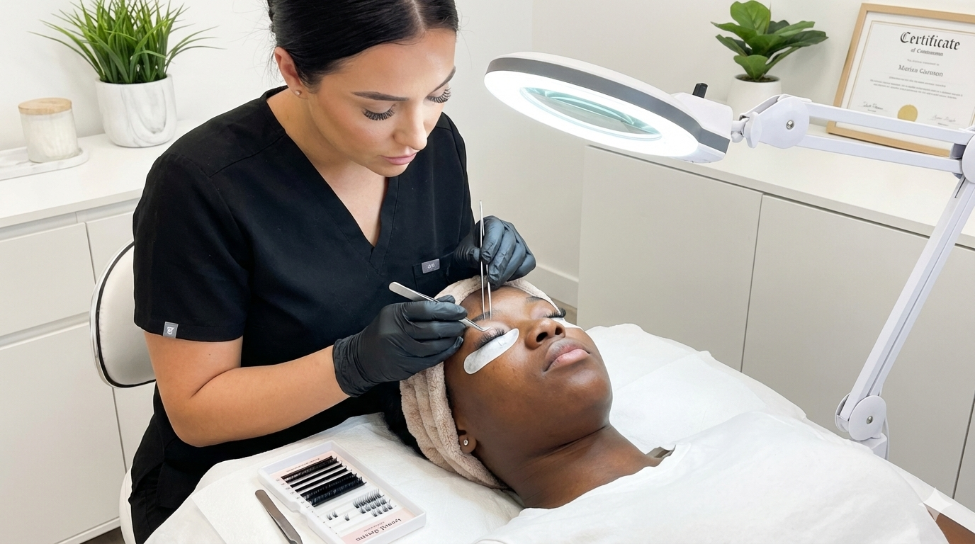 A technician applies eyelash extensions to a client. The client is reclining.
