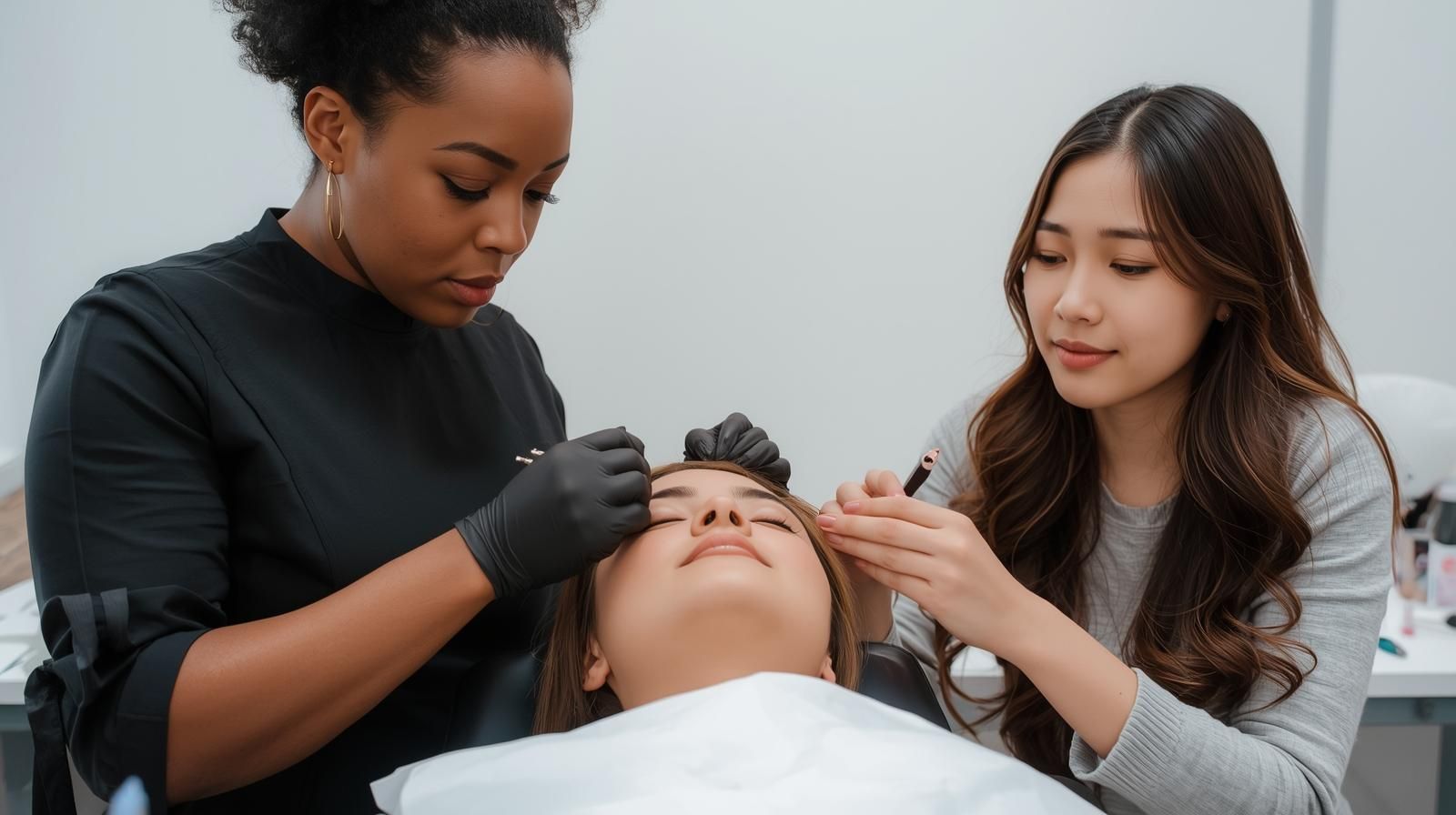 Woman receiving eyebrow treatment from two technicians in a salon; one is using a tool.