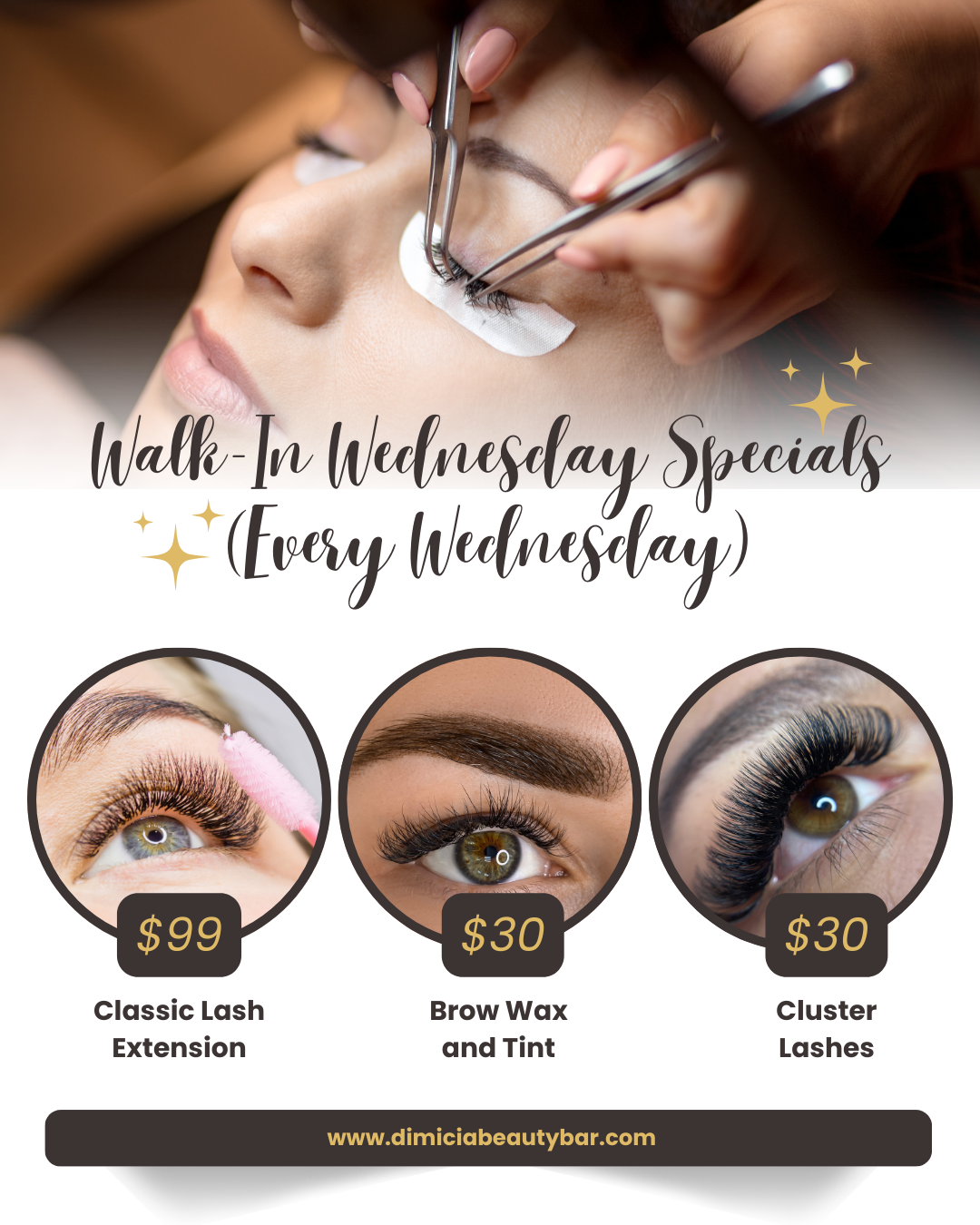 Lash and brow services advertisement: classic lashes for $99, brow wax & tint for $30, cluster lashes for $30.