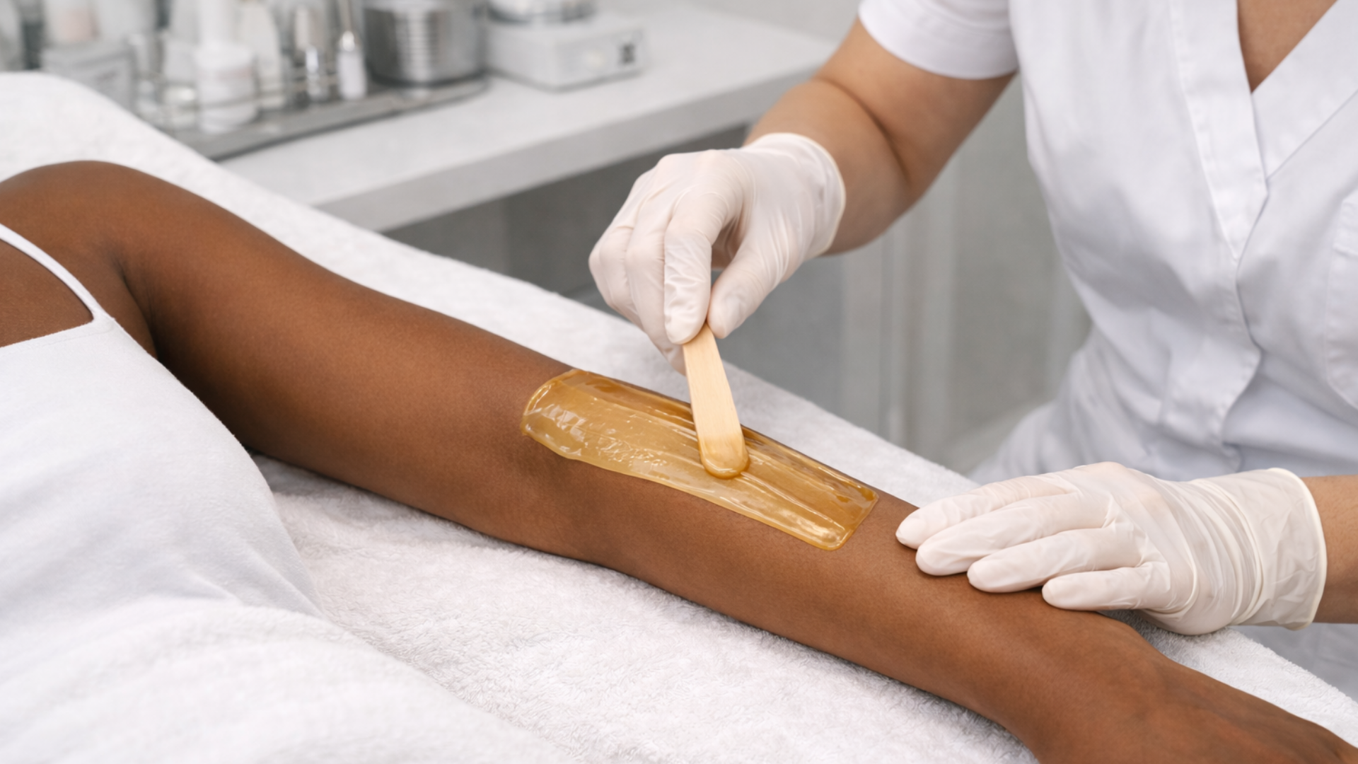Woman training to wax and tint eyebrows. Classroom setting.