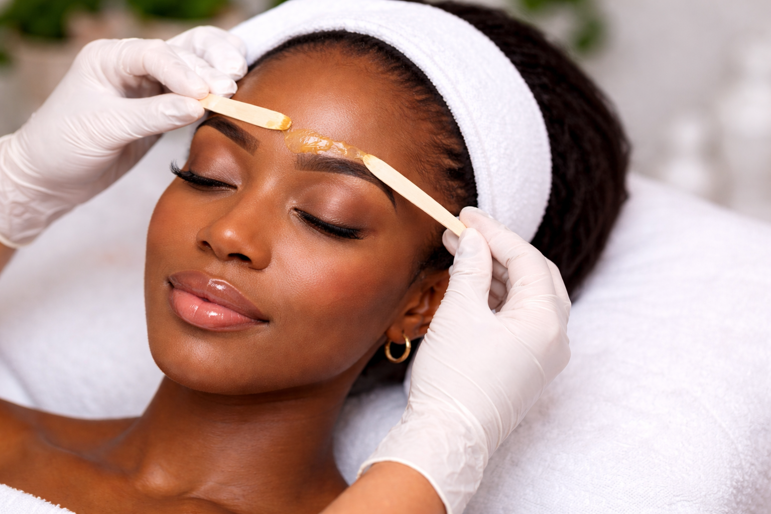 A person having their eyebrow waxed at a salon. A professional in gloves applies wax with wooden spatulas.