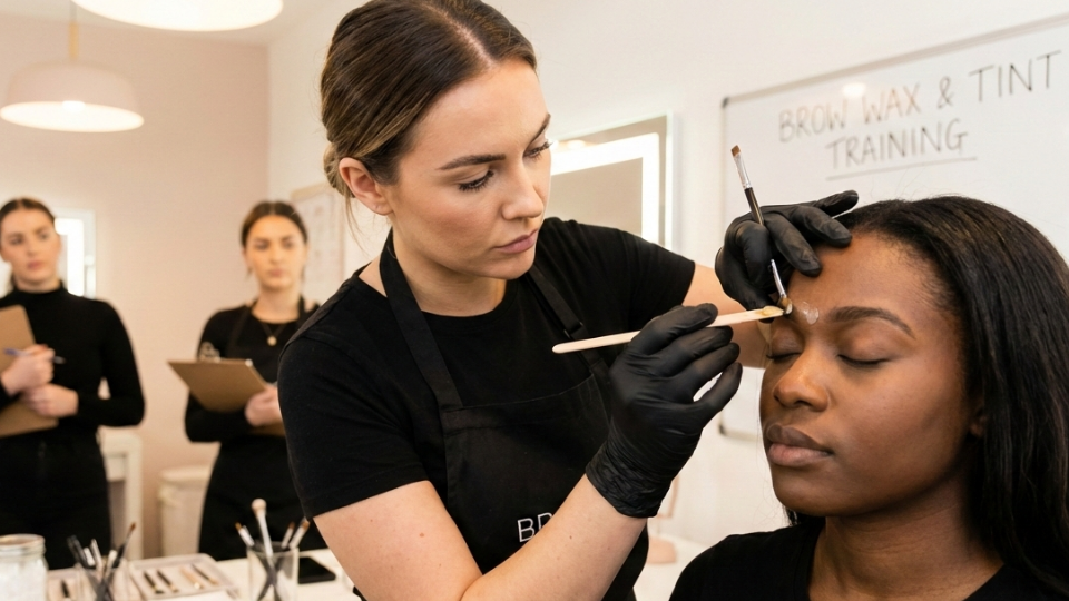 Woman training to wax and tint eyebrows. Classroom setting.