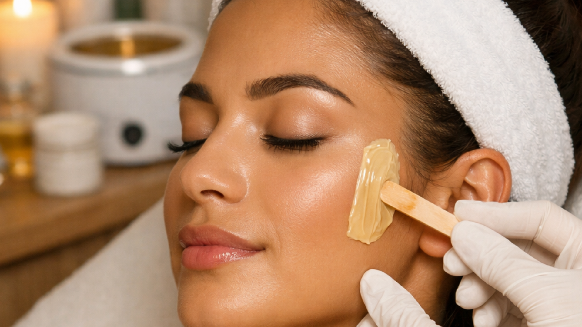 A person's closed eye as a brush applies dark eyebrow dye to one eyebrow, white background.