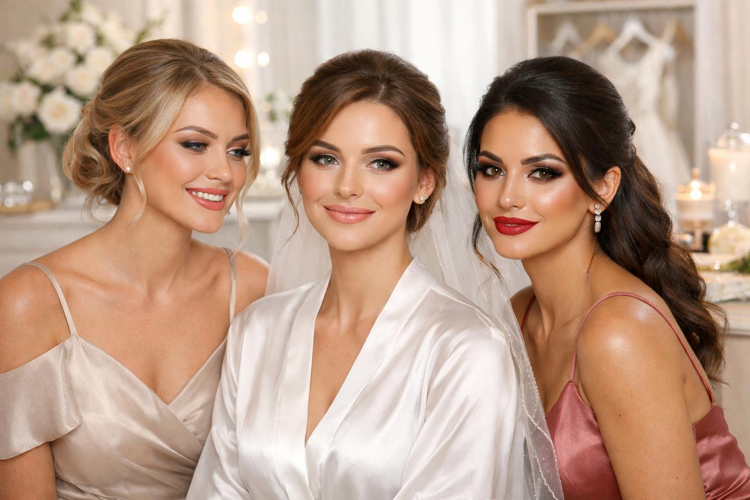Bride in white robe with bridesmaids in satin dresses. Smiling faces, wedding preparation.