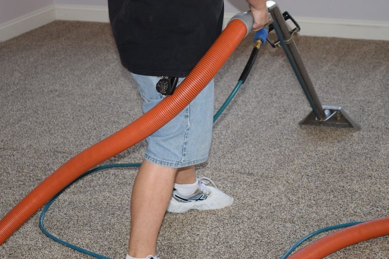Worker steam cleaning carpeting