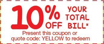 A coupon that says your total off bill present this coupon or quote code yellow to redeem