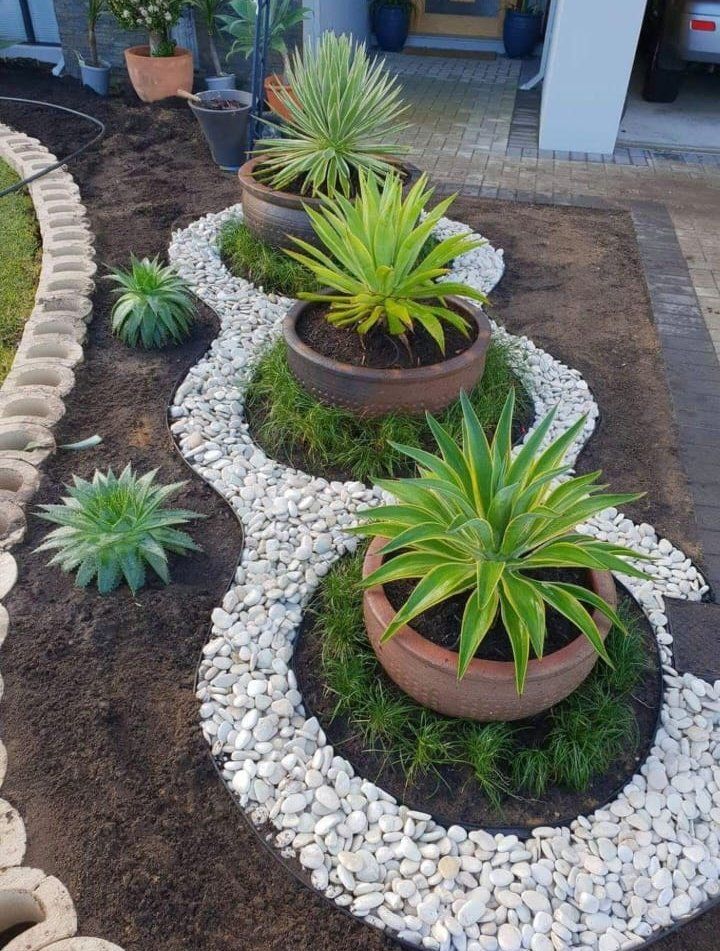 A garden with a lot of potted plants and rocks.