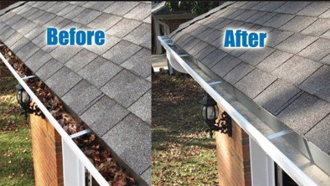 A before and after picture of a gutter on a roof.