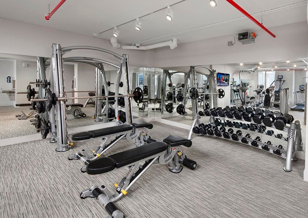 Gym interior with weight machines, free weights, mirrors, and carpeted floor.