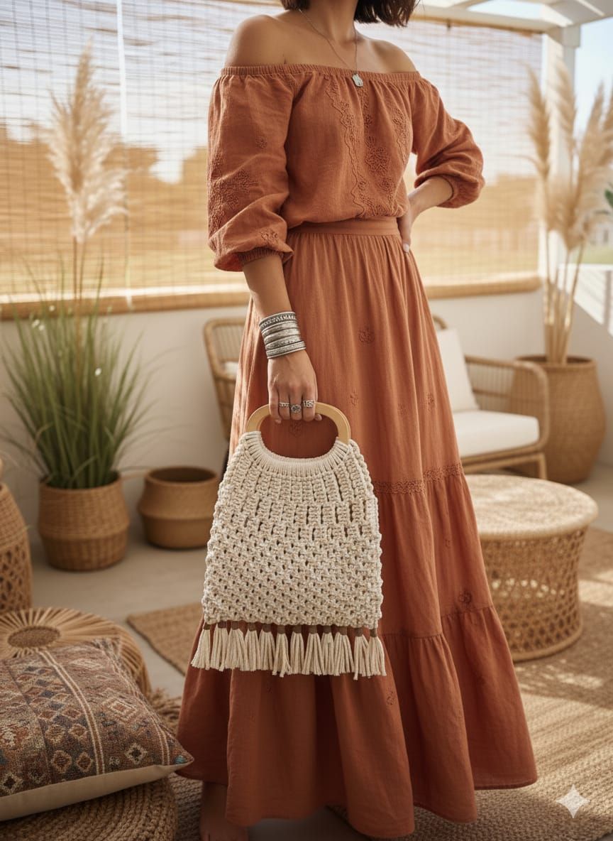 Bolso tote de macramé con asas de madera sobre superficie neutra.