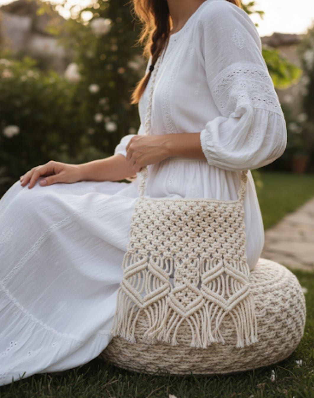 Bolso bandolera de macramé en color natural, con dibujos geométricos y flecos sobre fondo neutro.