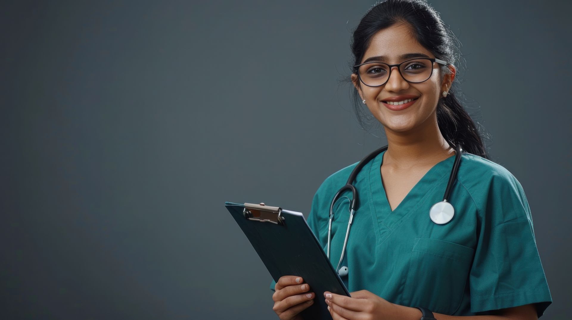 A female doctor is holding a clipboard and smiling.