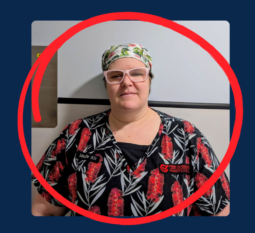 Nurse of the Month, smiling in scrubs and floral cap, wearing glasses, September 2024.