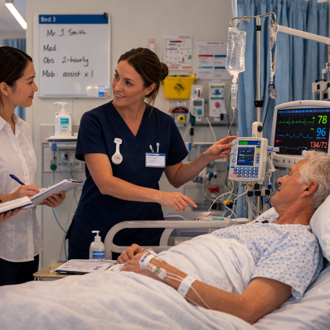 Two nurses attending to a patient in a hospital bed, monitoring equipment, medical supplies.