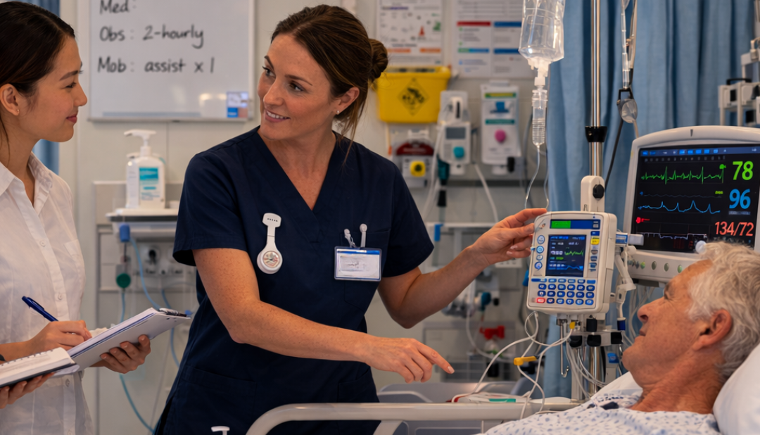 Two nurses tending to an elderly patient in a hospital bed, monitoring equipment.