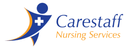 A blue and orange logo for carestaff nursing services