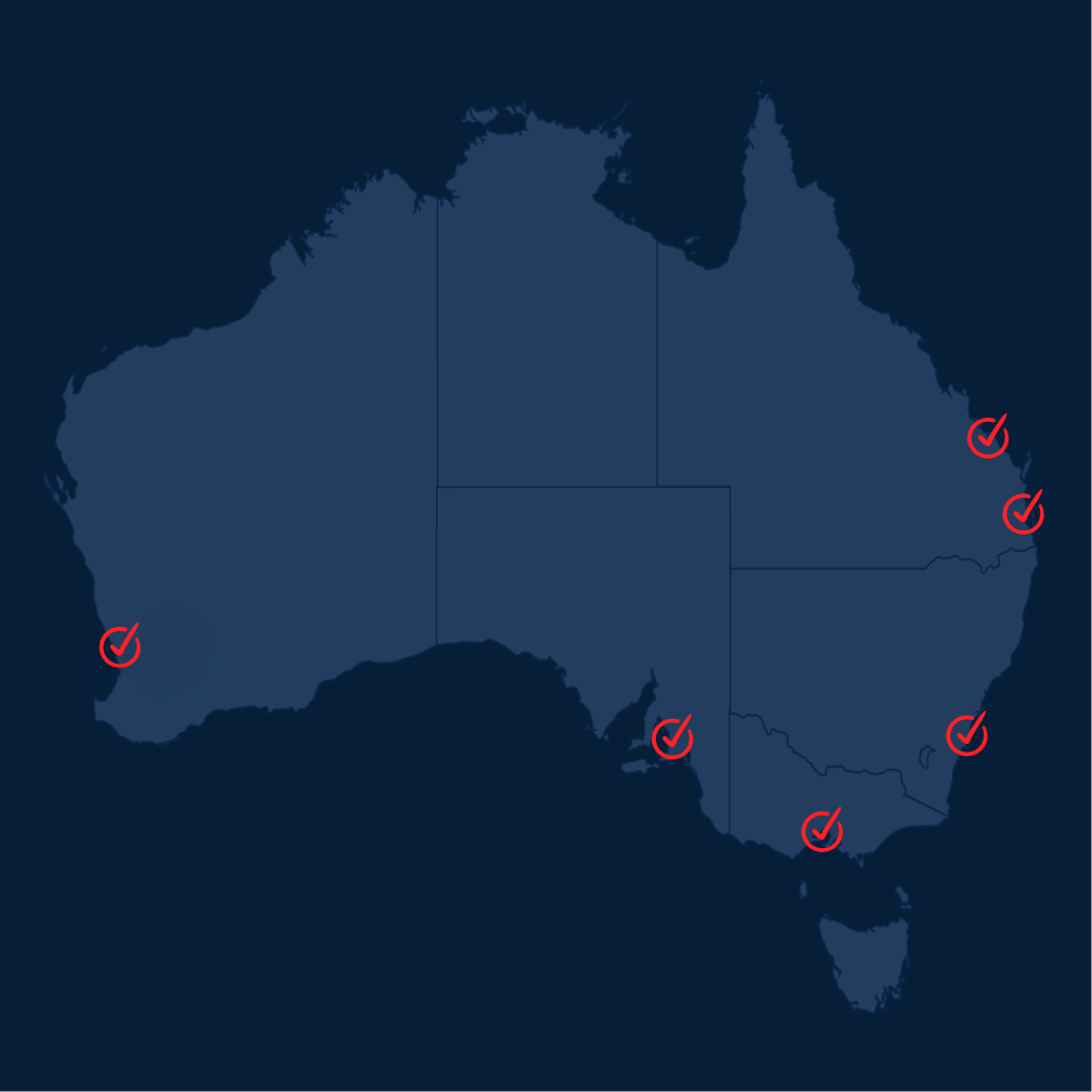 A blue map of australia with red circles on it.