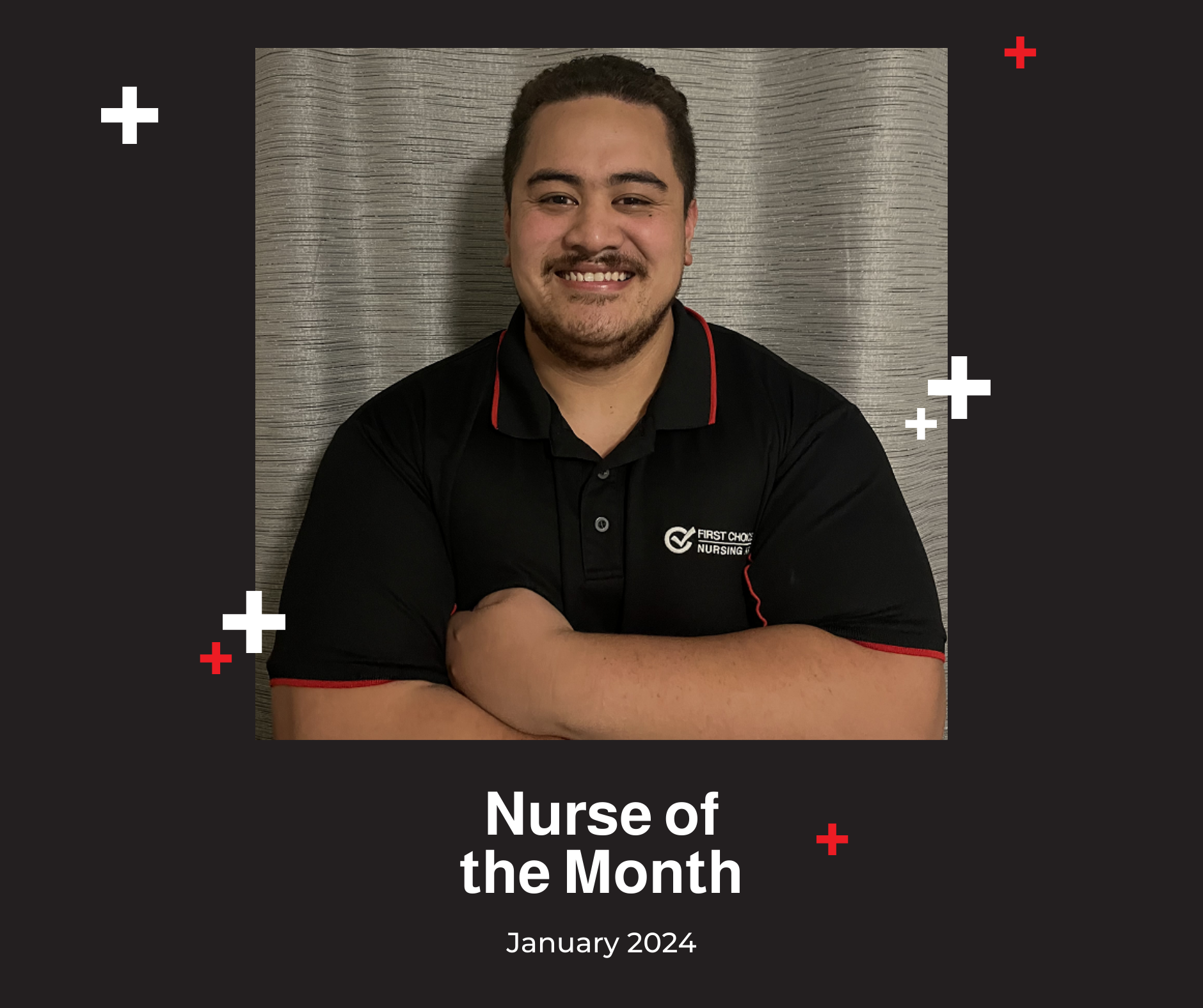 A man with a beard is the nurse of the month for january.