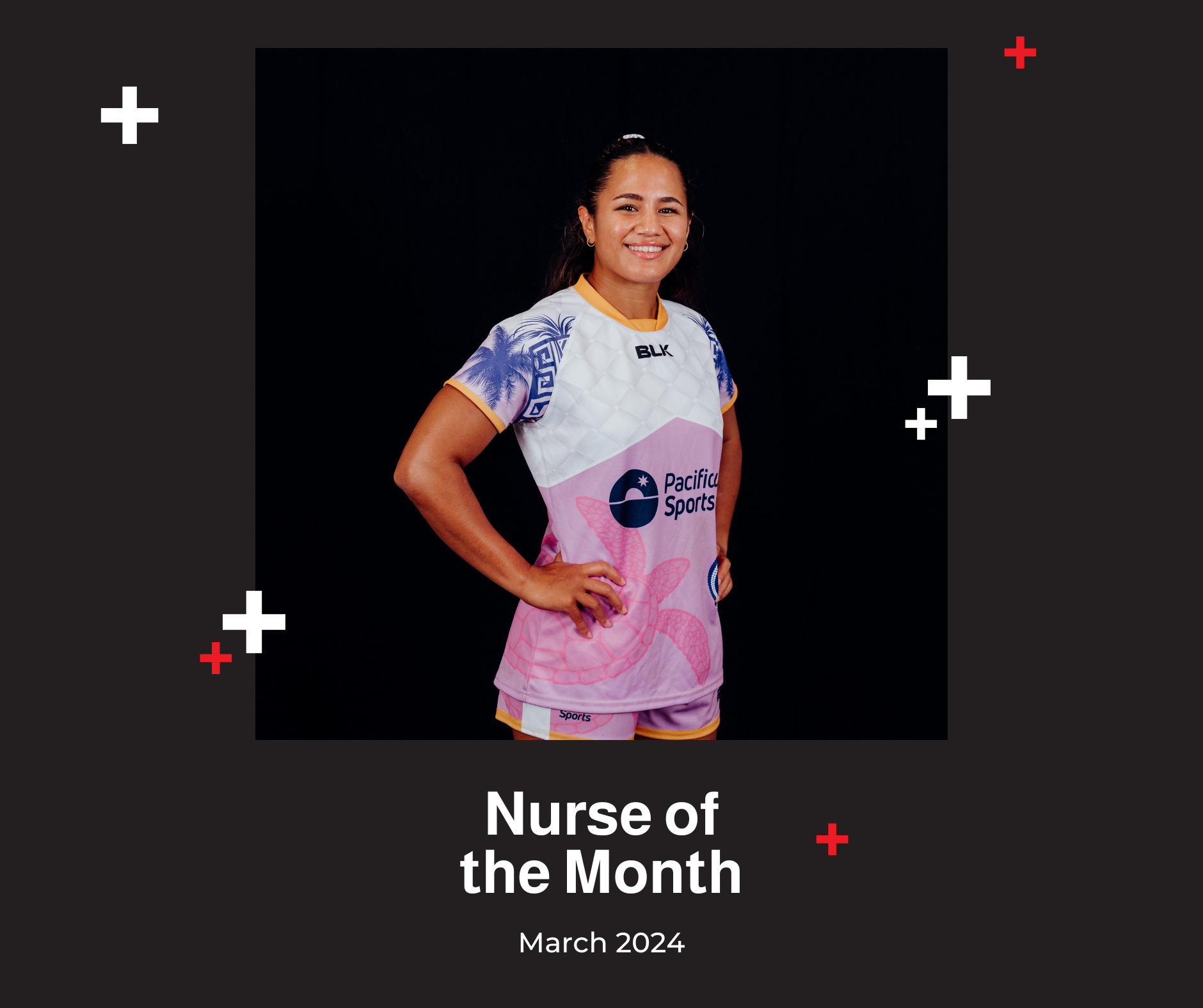 A woman in a pink and white shirt is named nurse of the month