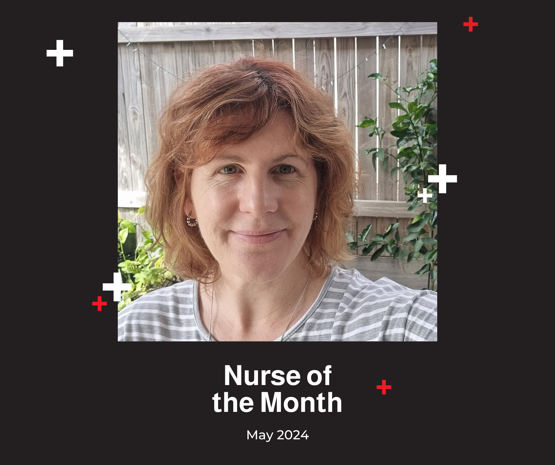 A picture of a woman named nurse of the month.