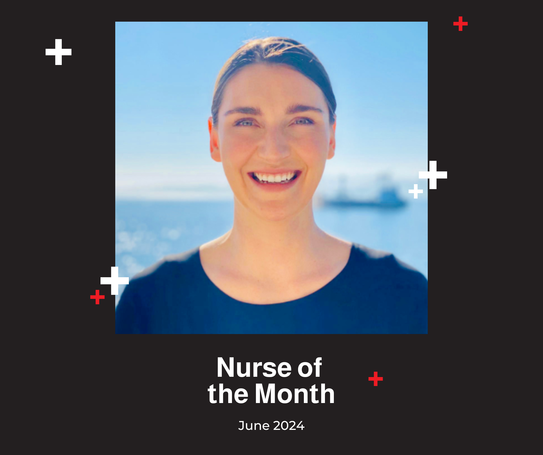 A picture of a woman with the words nurse of the month on the bottom