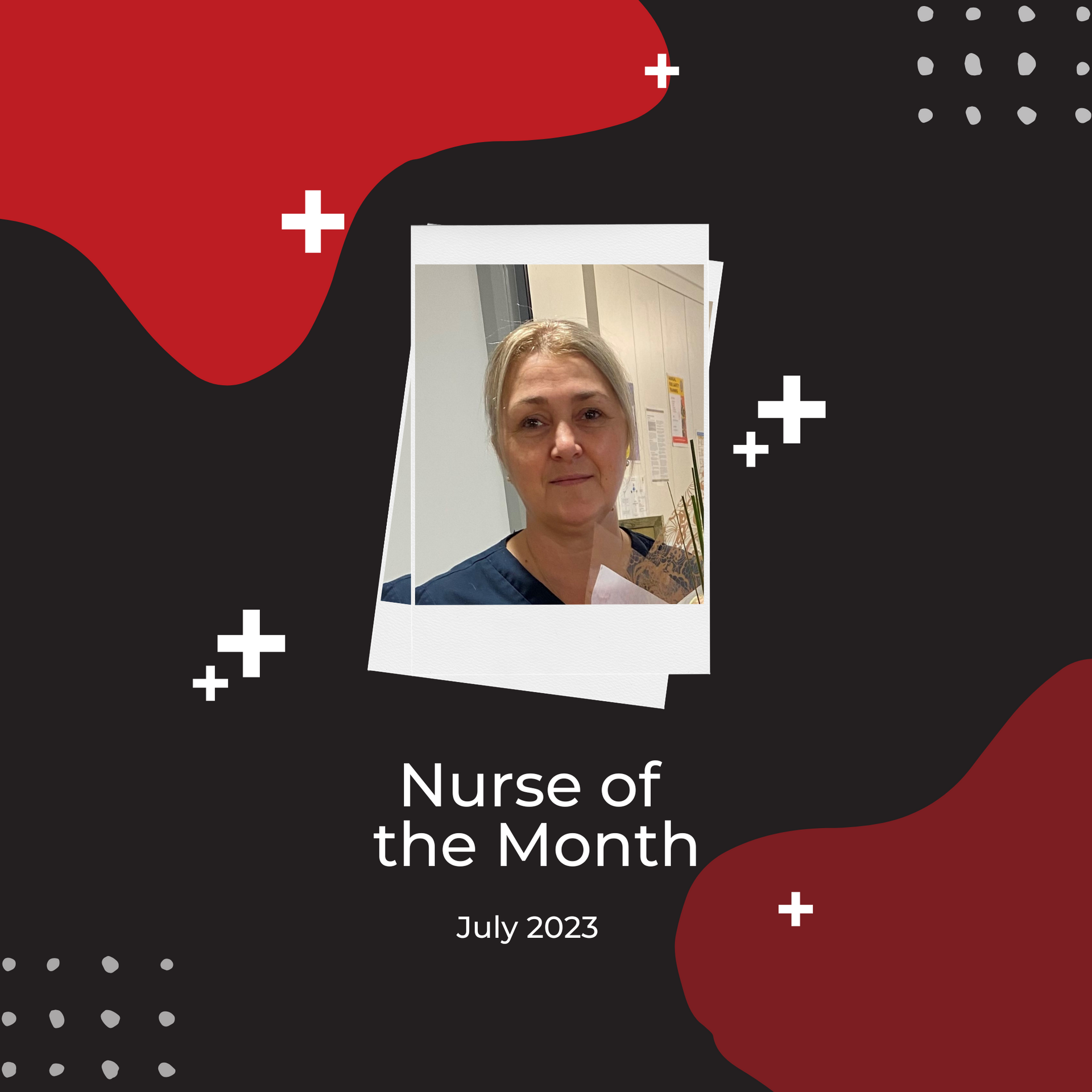 A picture of a nurse of the month is on a black background.