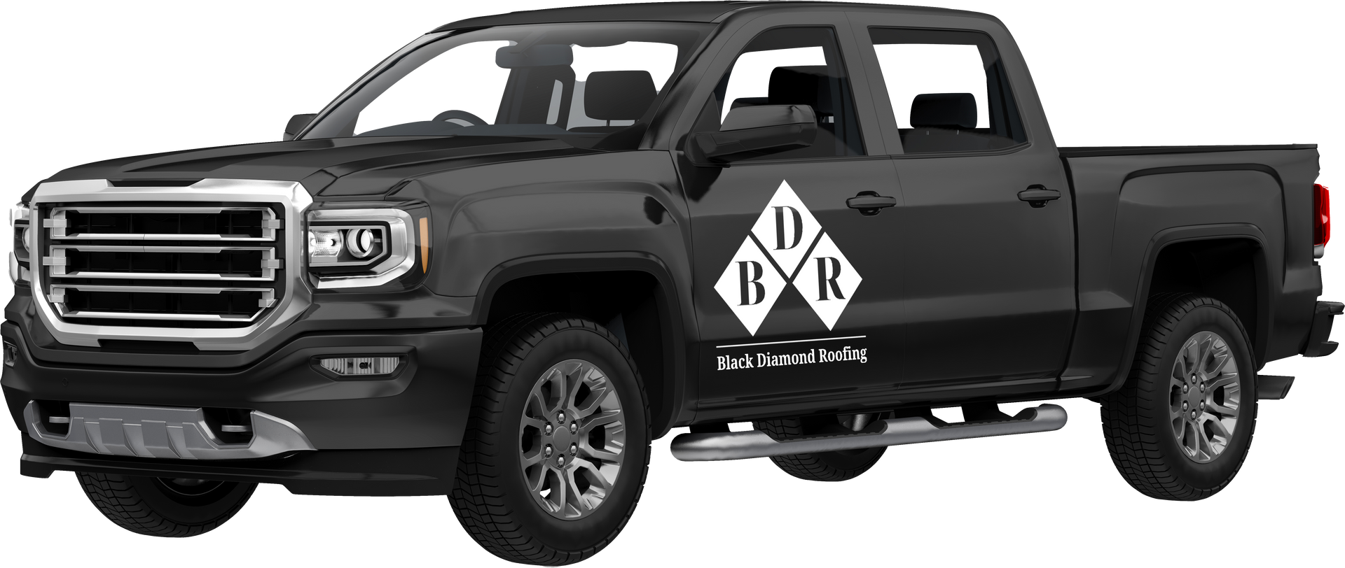 A black pickup truck with a white logo on the side is parked on a white background.