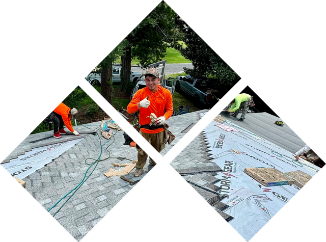 A man in an orange shirt is working on a roof