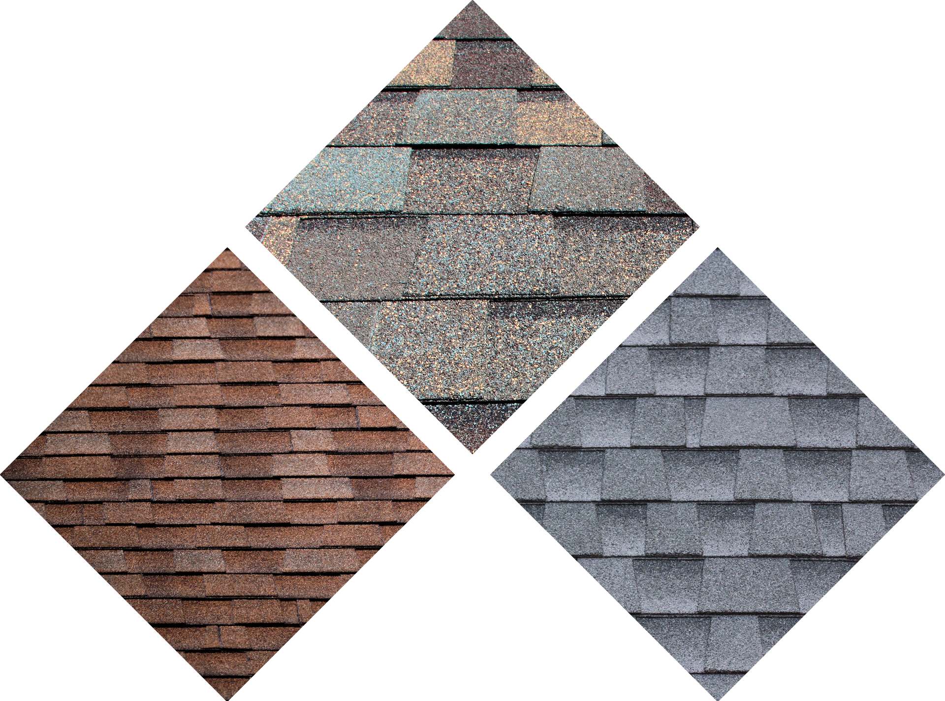 Four different types of shingles are arranged in a diamond shape.