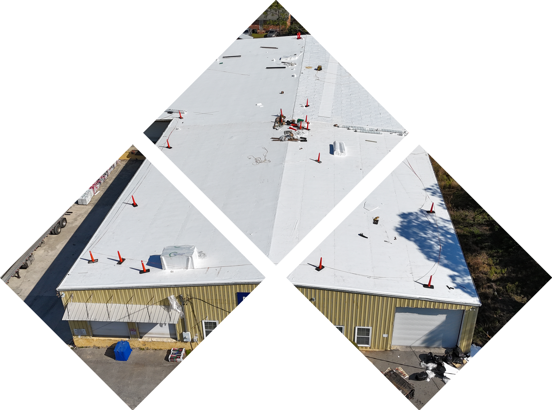 A building with a white roof and red cones on it