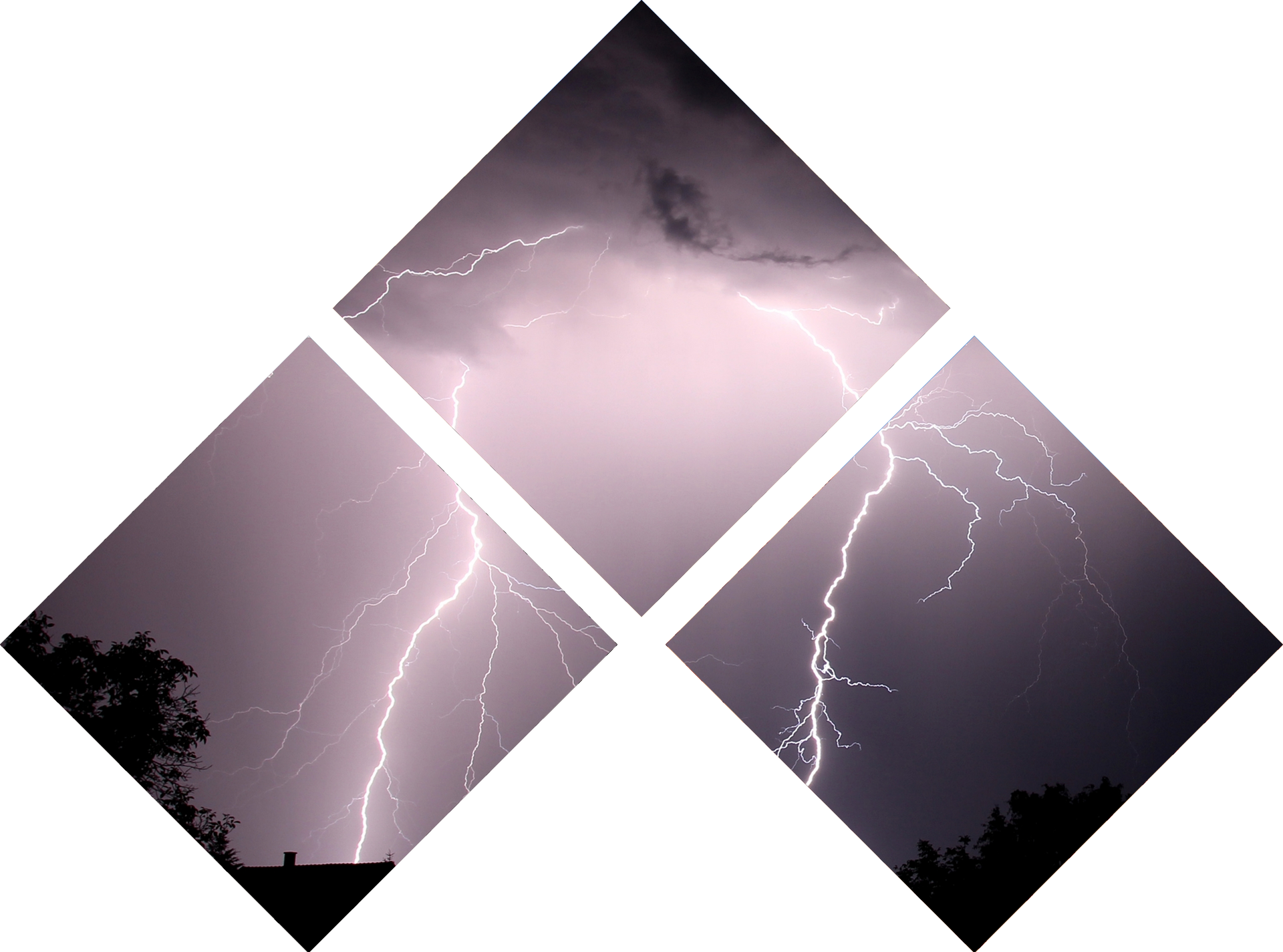 Three pictures of lightning in a purple sky