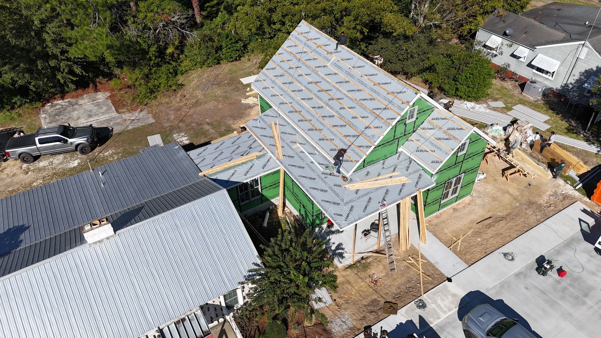 An aerial view of a house under construction.