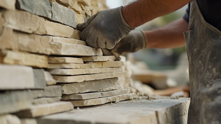 Hands in work gloves placing stone tiles on a wall.