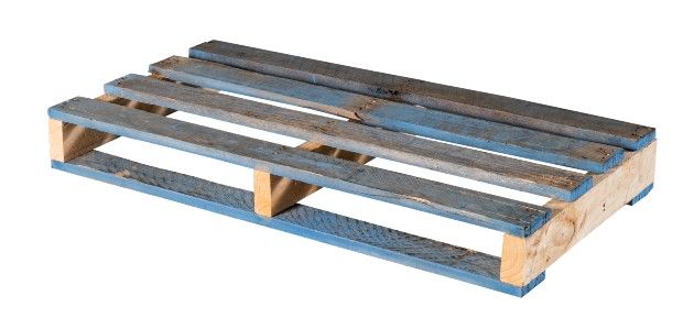 A blue and brown wooden pallet on a white background.
