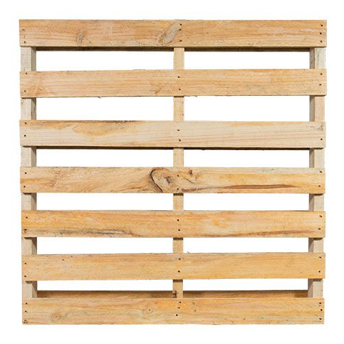 A wooden pallet is sitting on a white surface.