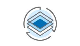 A stack of blue squares in a circle on a white background.