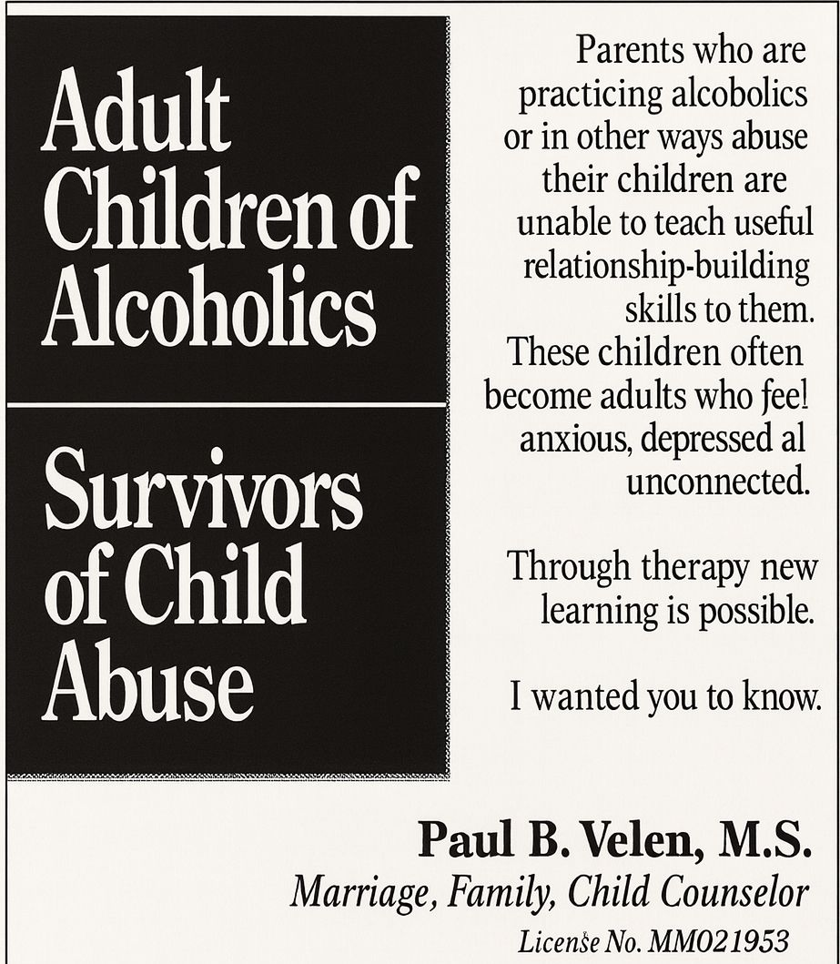 Advertisement for a counselor, Paul B. Velen, mentioning Adult Children of Alcoholics and Survivors of Child Abuse.