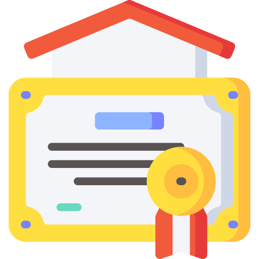 An icon of a certificate with a red roof and ribbons.