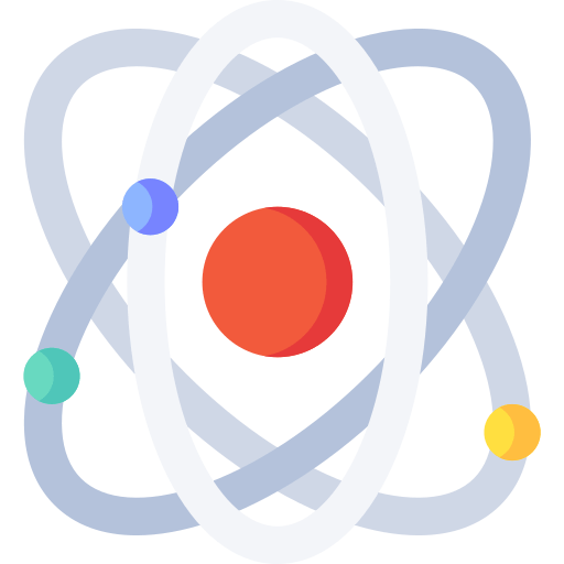 A cartoon illustration of an atom with a red center surrounded by other atoms.