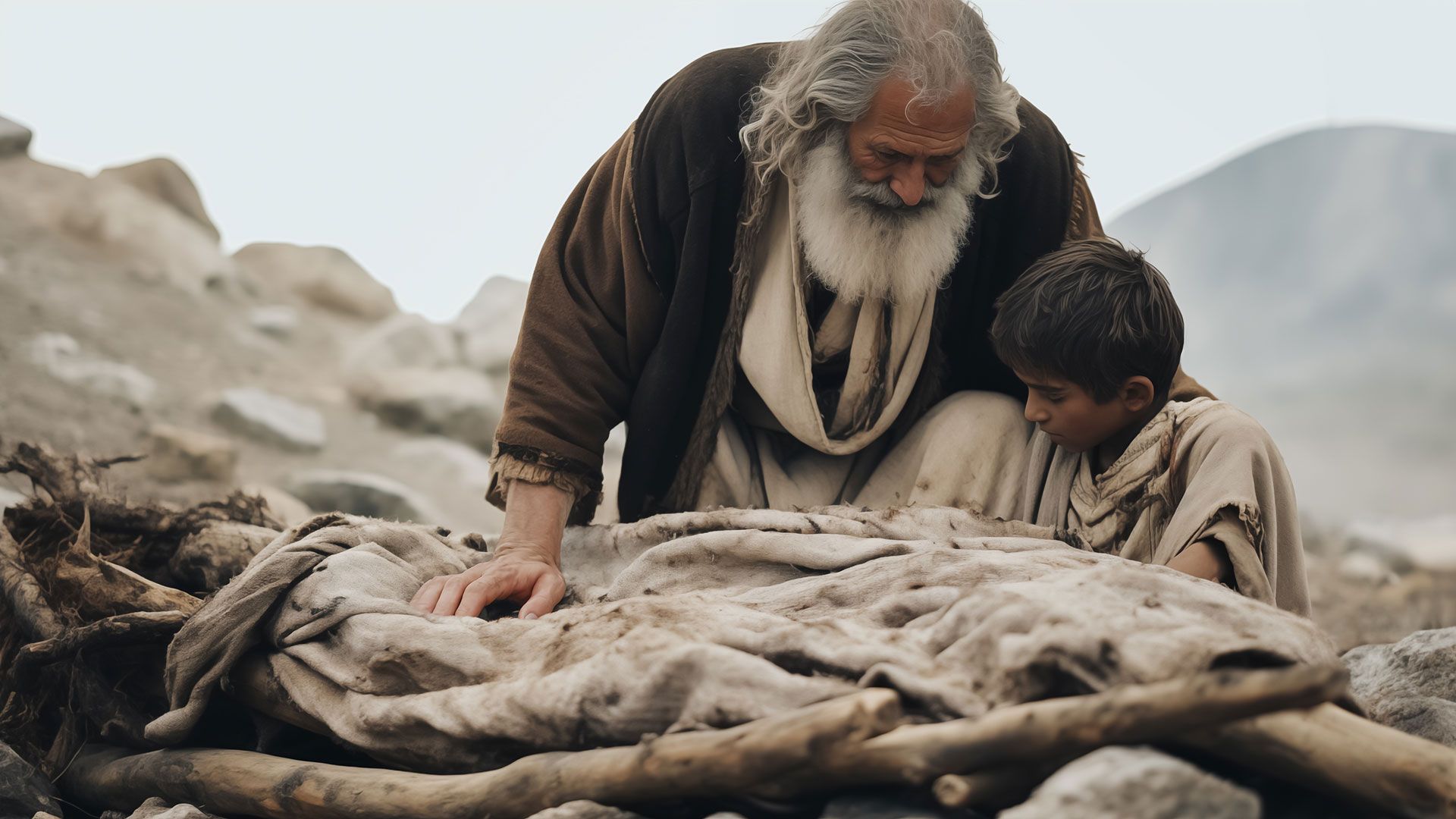 Man with long beard and boy kneel over a bundle on a rocky hillside.