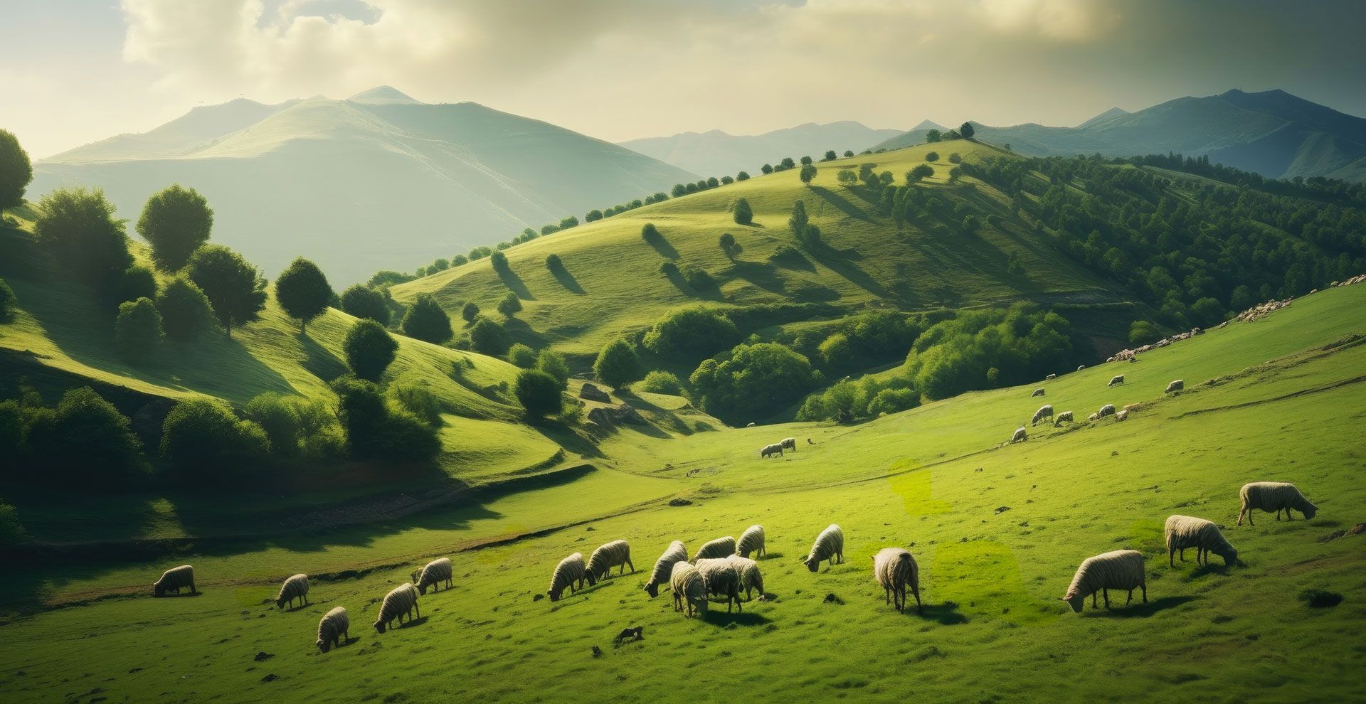 Rolling green hills with grazing sheep under a sunny sky. Mountains in the distance.