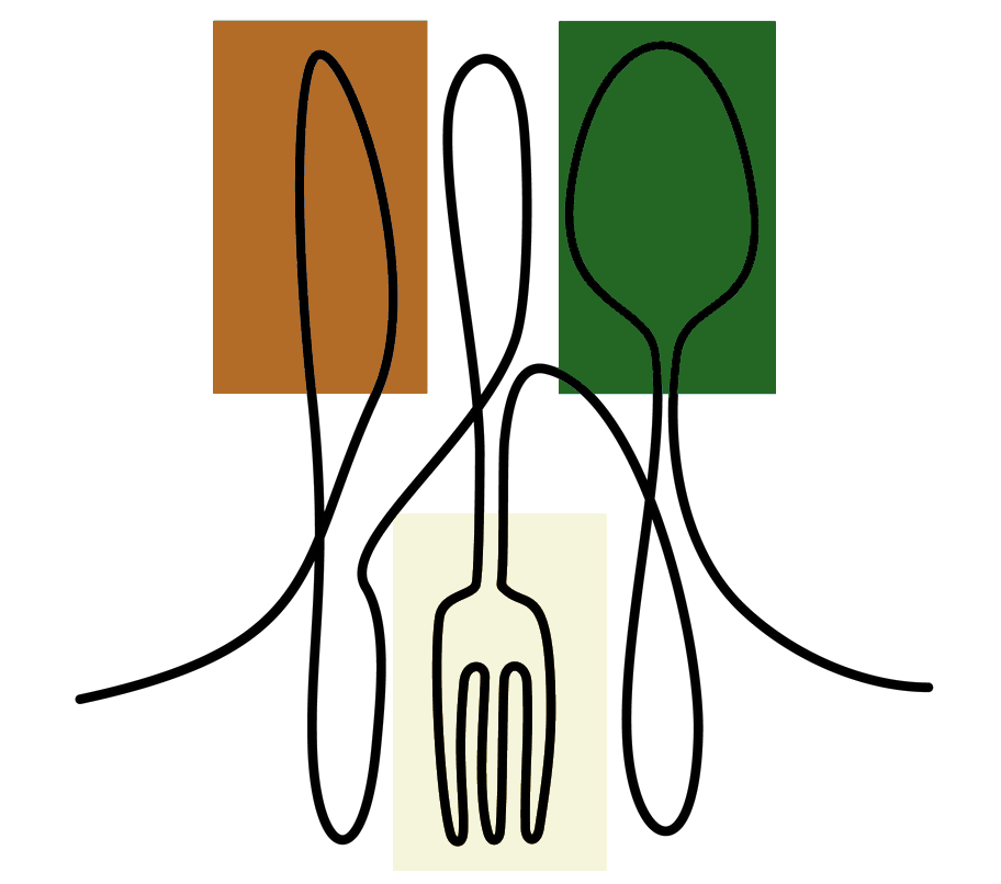 Un disegno continuo di un coltello, una forchetta e un cucchiaio su tre quadrati colorati: marrone, crema e verde.