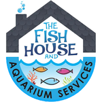 Logo for "The Fish House and Aquarium Services" featuring a house shape with fish and waves.