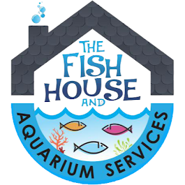 Logo for "The Fish House and Aquarium Services" featuring a house shape with fish and waves.