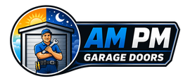 AM PM Garage Doors logo with blue shield, sun and moon, and a technician illustration