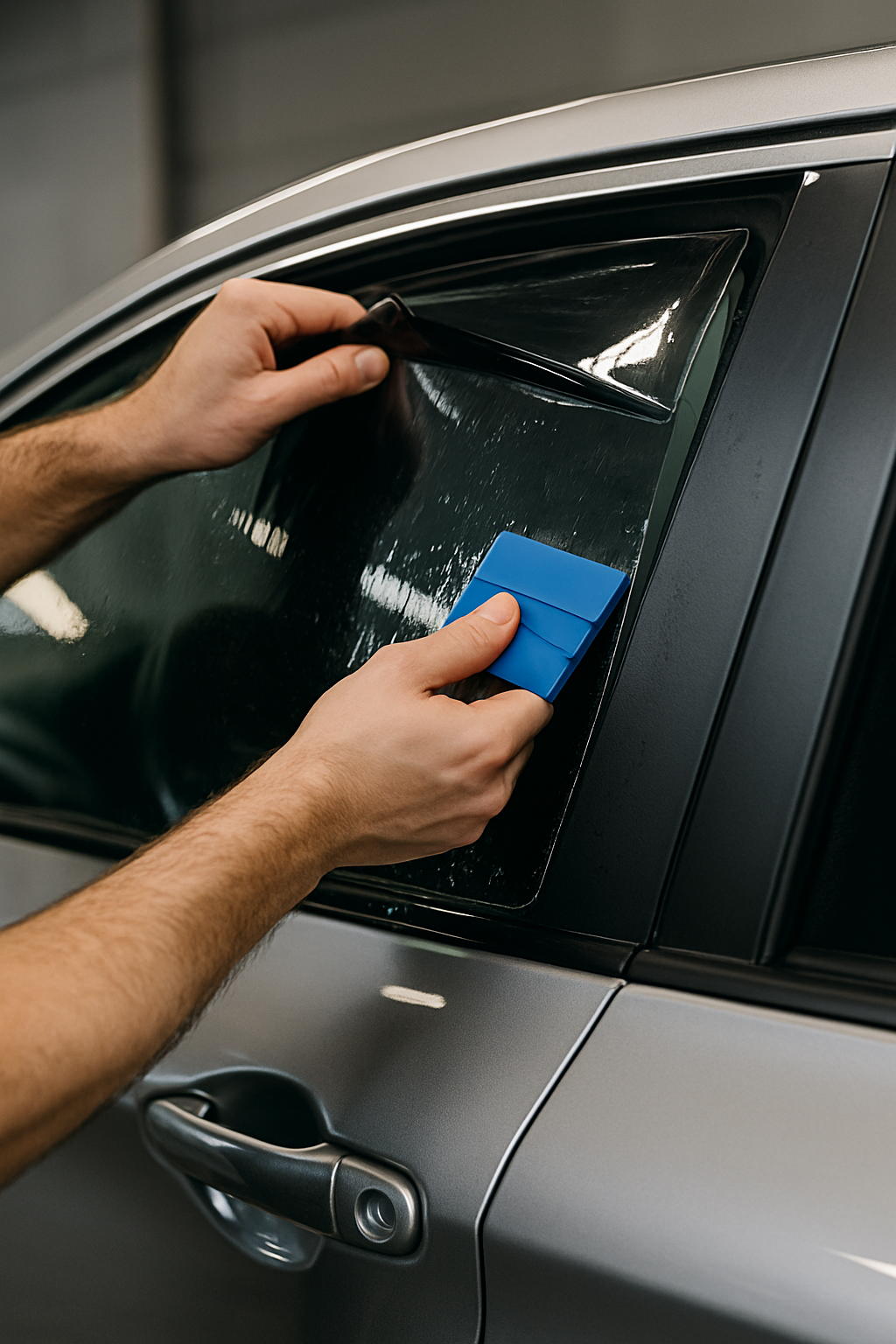 A man is applying tinted window film to a car window.
