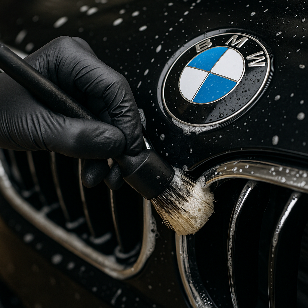 A person is cleaning a bmw with a brush.
